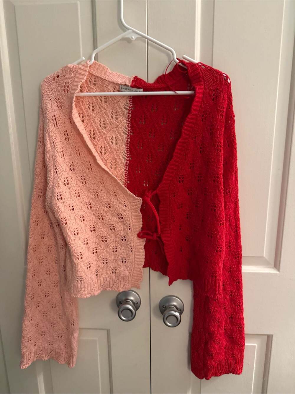 Sincerely Jules Two-Tone Red and Pink Tie-Front Knit Cardigan
